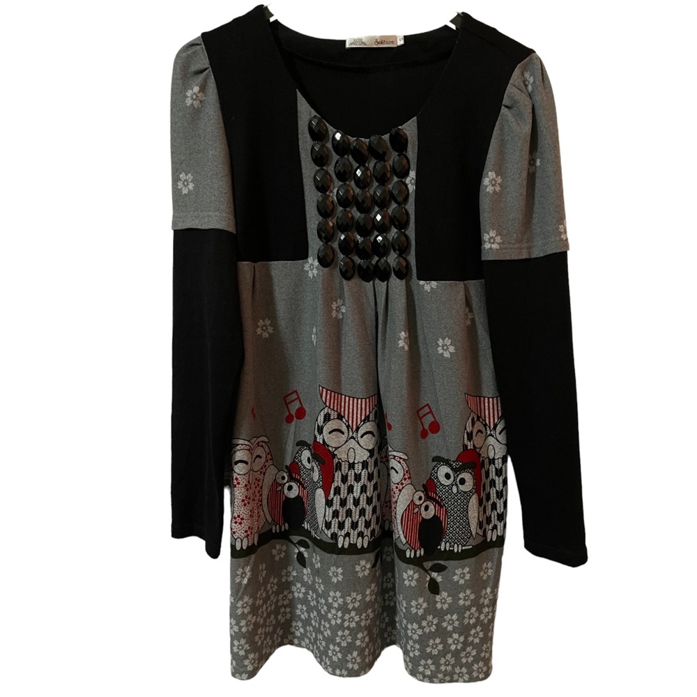 SOLITAIRE Los Angeles Long Sleeve Owl Print Dress Sz S Small Design In Italy